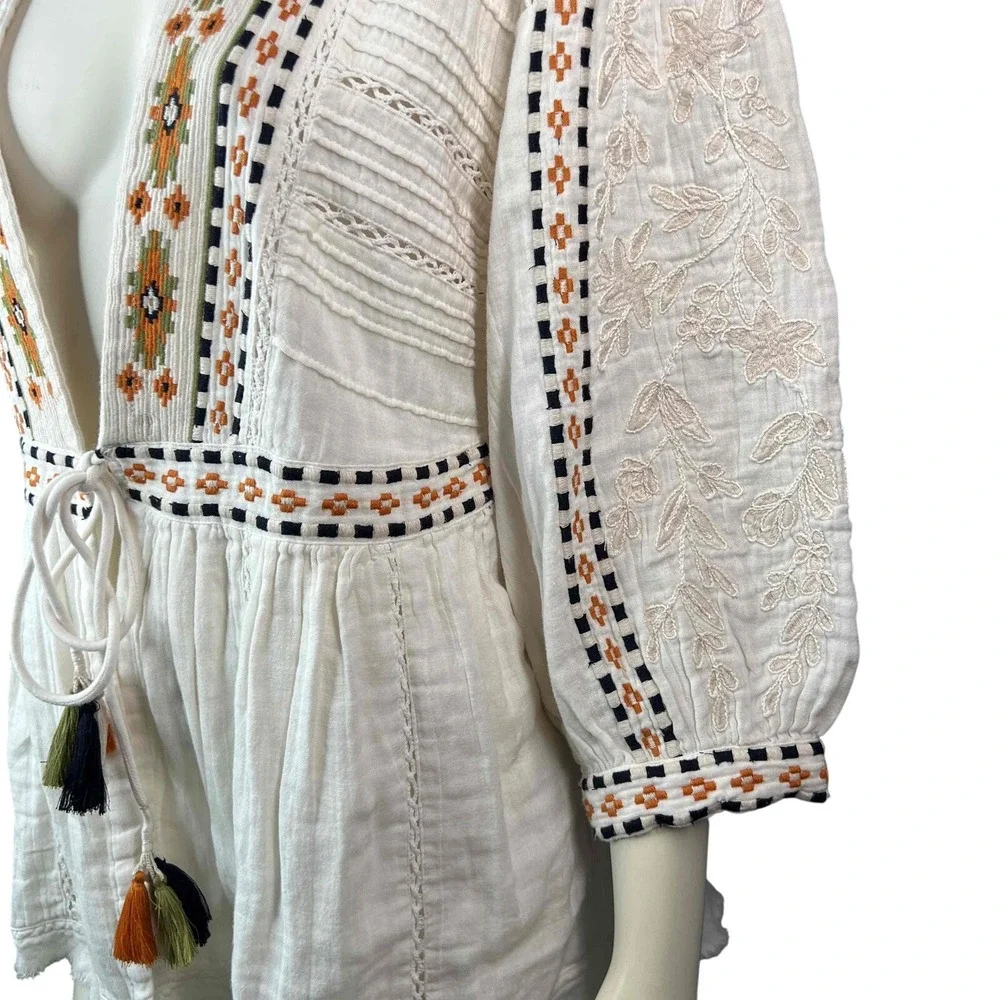 Sundance Marshmallow Embroidered Tassel Tie Open Front Bohemian Jacket‎ Womens L - Picture 5 of 12